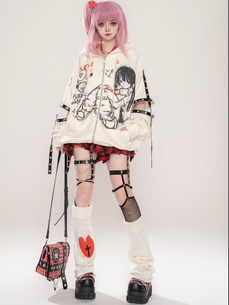 Punk Black/Beige Comic Girl Cutout Sleeves Zip Hoodie