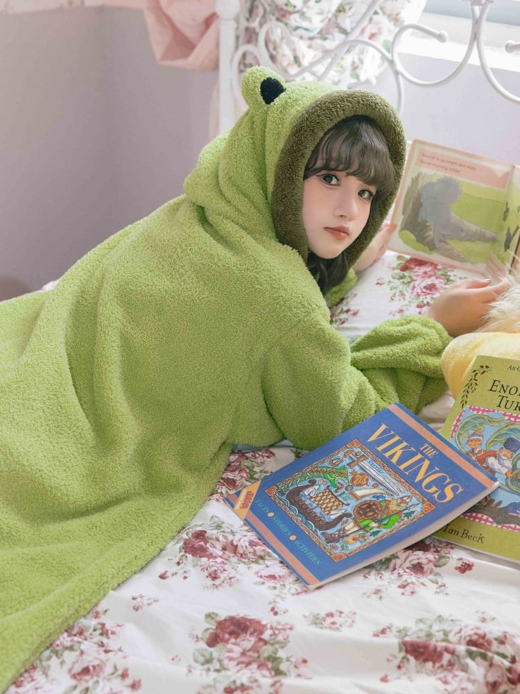 Green Frog Hooded Fleece Pajama Lounge Wear