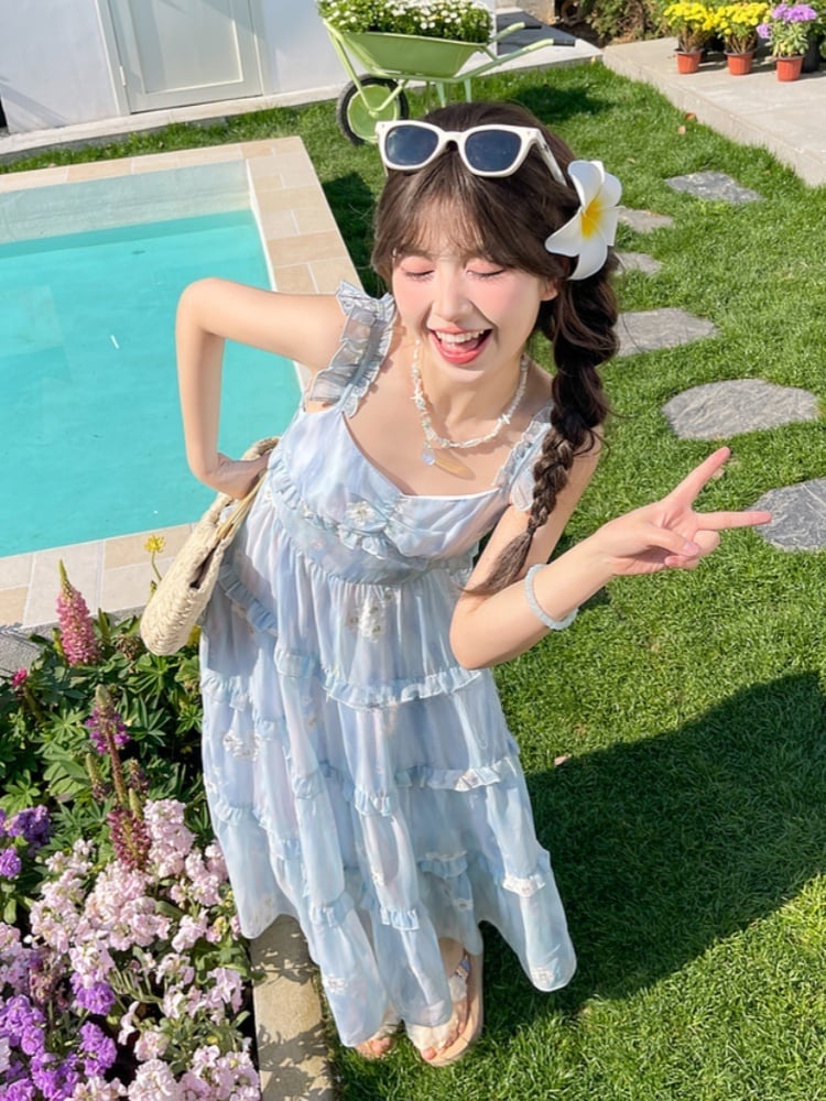 Floral Embroidery Tiered Blue Chiffon Flutter Skirt Sleeves Sleeveless Dress