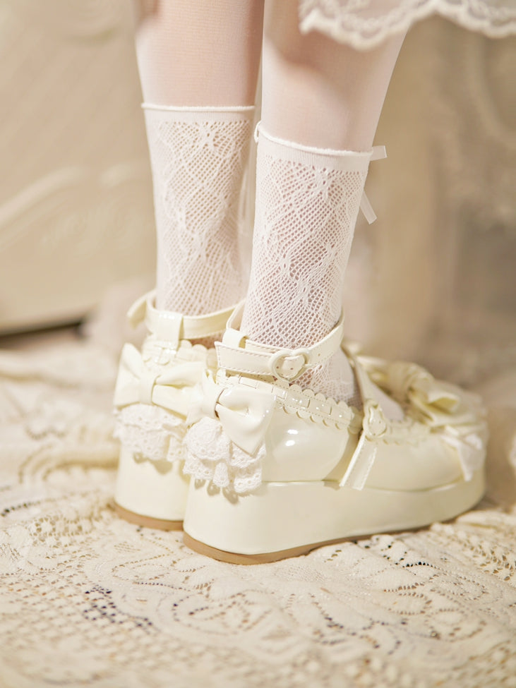 White Bow Milky Buckles at Platforms Lace Trim Top Heart