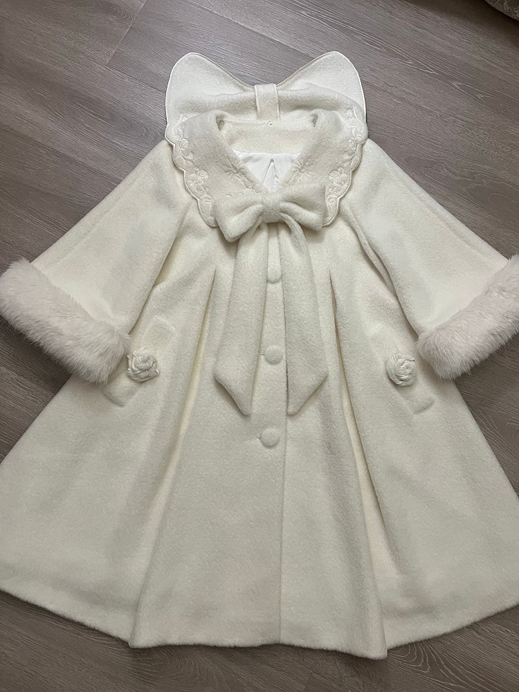 White Detachable Cozy Faux Fur Collar Winter Woolen Coat