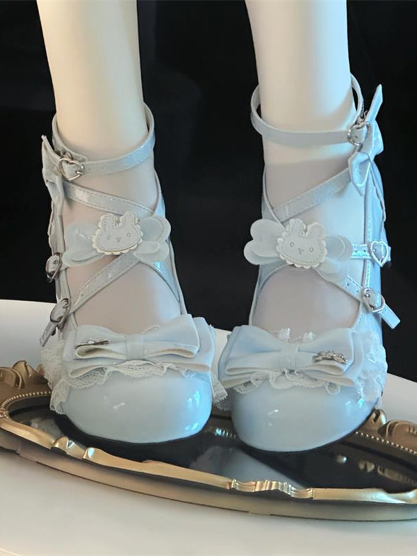 Mary Decor PU Cute with Bunny Leather Janes Bow Blue in