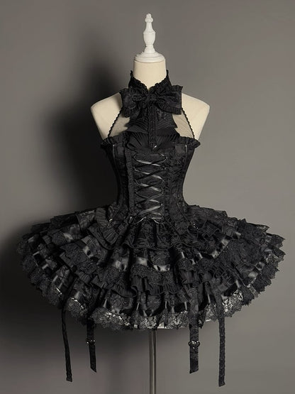 Skirt Set Sleeveless Kuro Lolita Gothic Tiered Full Halter Neck Top Black +