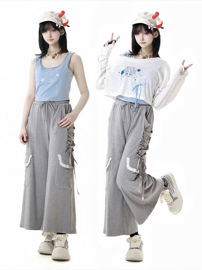 Light Blue Cute Cups Padded Girl Print Tank Top with Detachable
