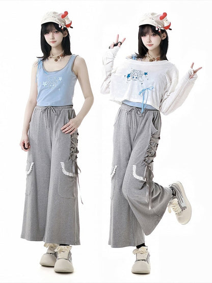 Gray Drawstring Waist Lace-up Details Side Wide-Leg Pants