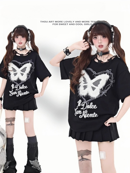 Plush Butterfly Applique Butterfly Neckline Black Design Bittersweet T-Shirt