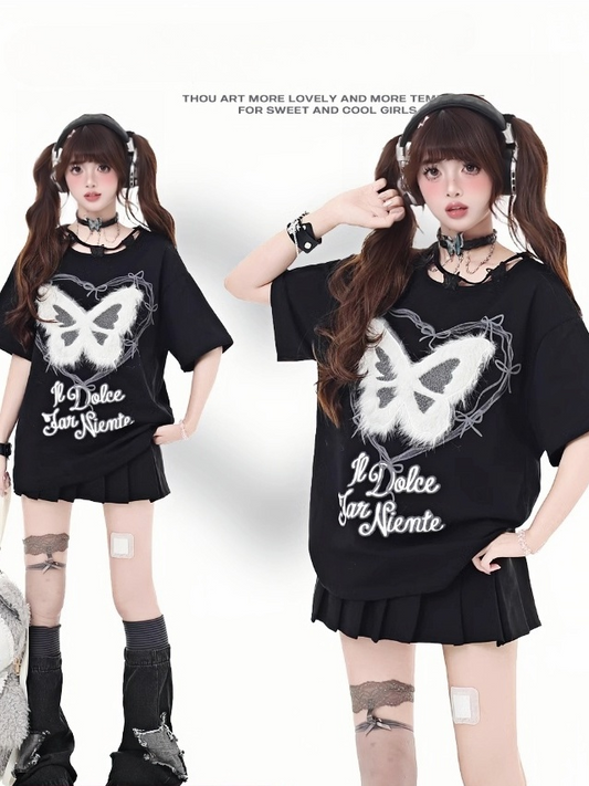 Plush Butterfly Applique Butterfly Neckline Black Design Bittersweet T-Shirt