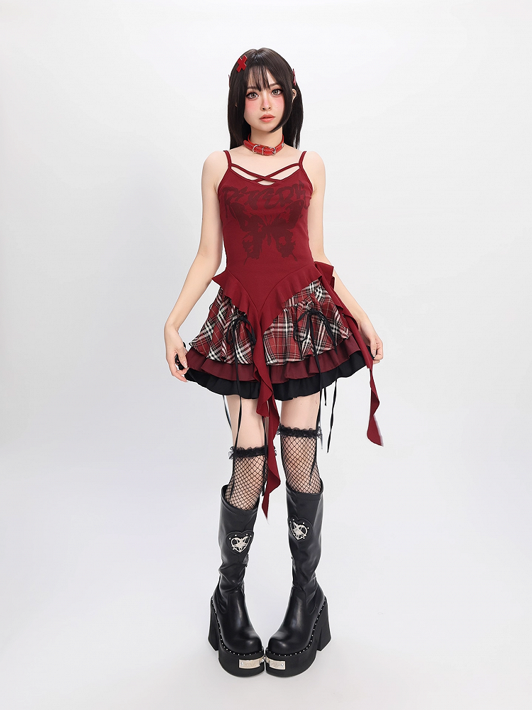 Plaid Tiered Skirt and Red Black Black and White Bowknots Decoration Y2K /