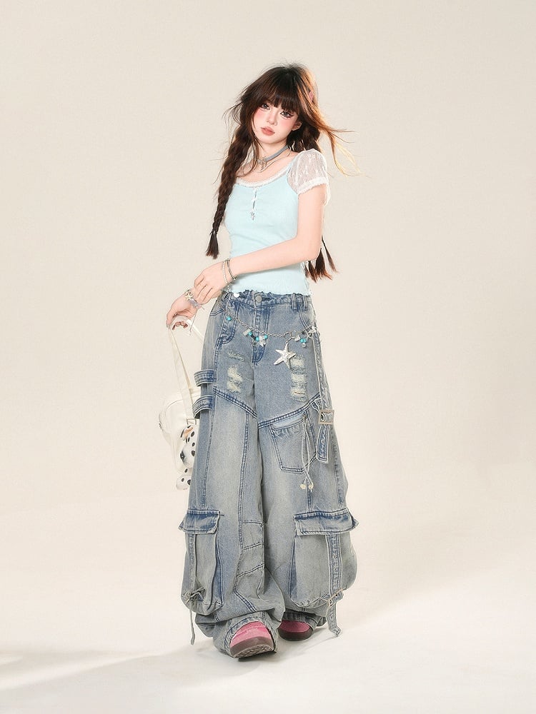 Wide-Leg Jeans Cargo Pockets Blue Distressed Holes Buckle Straps