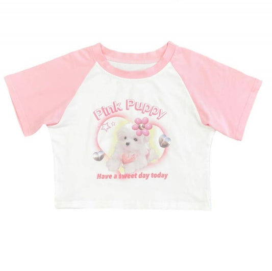 White Pink Cute Puppy Print Cropped Top