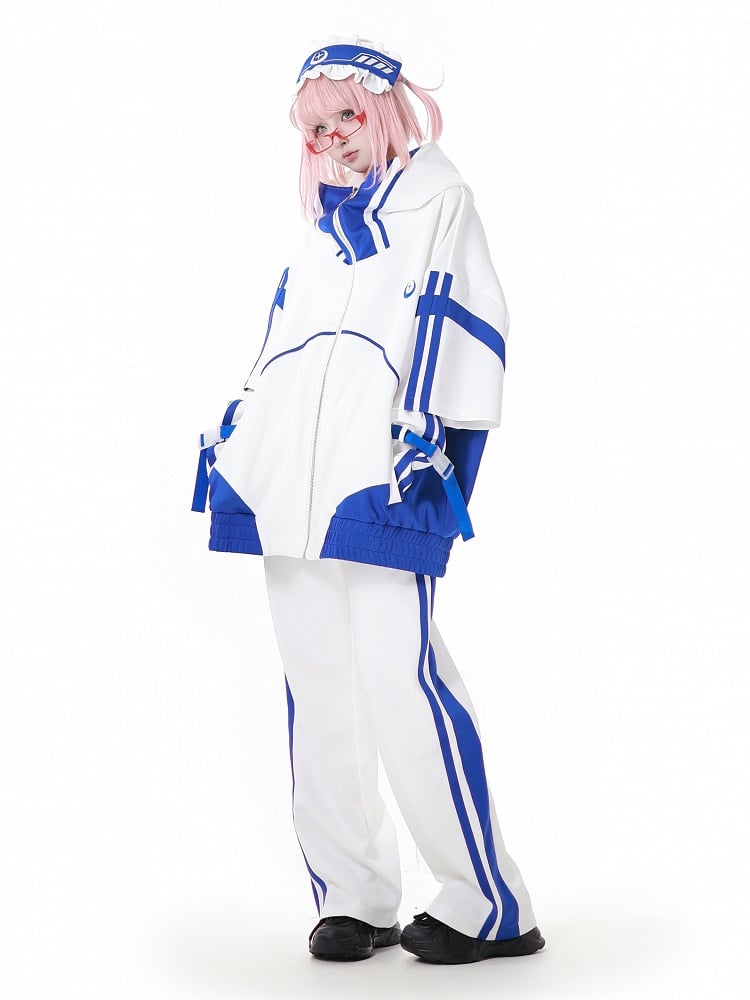 Blue and White Jirai Kei Techwear Straps Design Short Sleeves Zipper Hoodie