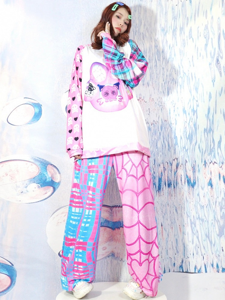 Und Y2K Flare BluePink Plaid Muster Web Silhouette Hose Spinne