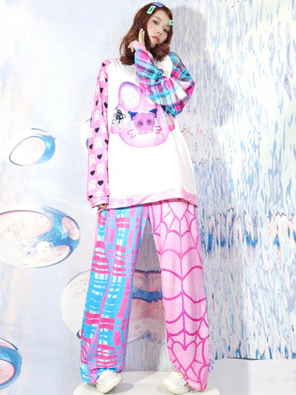 Und Y2K Flare BluePink Plaid Muster Web Silhouette Hose Spinne