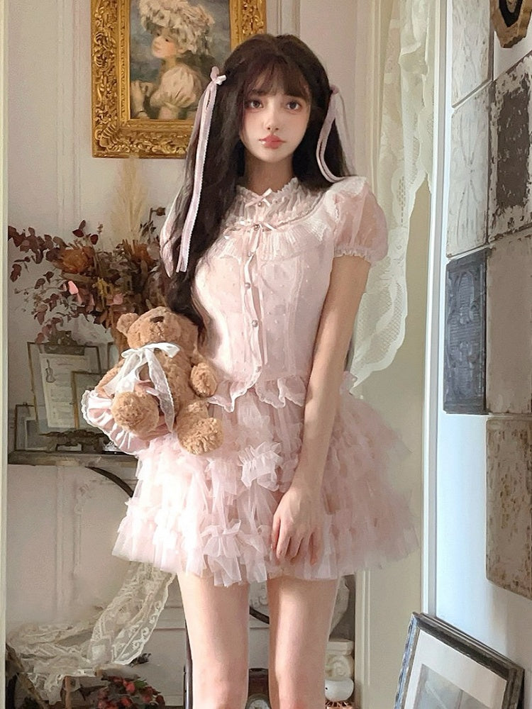 Puff Sleeve Top Pink Chiffon Polka-dot