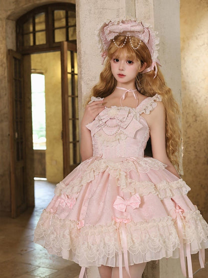 Fabric Pink Lolita Sweet Dress Bow Jacquard Accents Jumper Skirt
