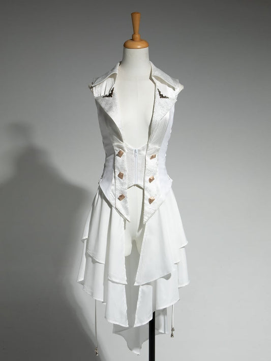 White Ruffle Fashion Gothic Detachable Cascading Train Lolita Waistcoat Ouji with