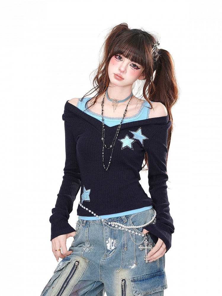 Schwarz Blau/Schwarz Rot Strass Stern Glamouröse Top