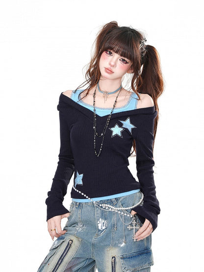 Schwarz Blau/Schwarz Rot Strass Stern Glamouröse Top