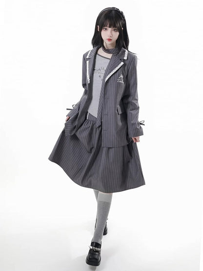 Gray Blazer Aesthetic with Striped - Preppy Bowknot Embroidery Timeless Fit Oversized