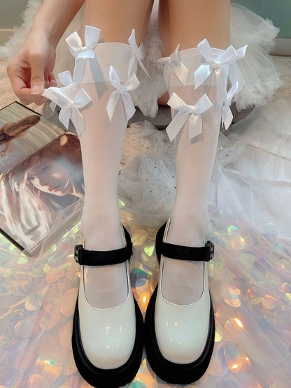 White/Black Bows Ribbed Trim Lolita Under Knee Stockings