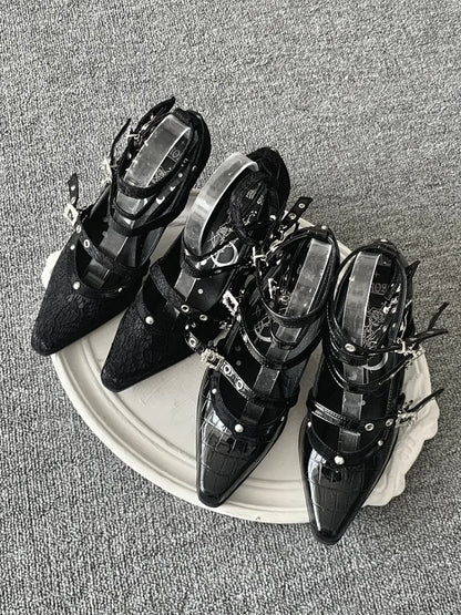 in Buckle Leather Faux Polished 8.5cm Gothic Heel High Crocodile Multiple Heels Straps with Black