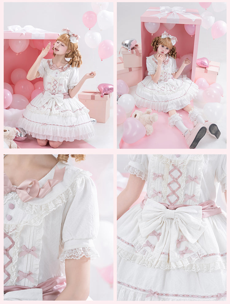 Hime Pink and Peter Pan Collar Tiered Skirt Balletcore Lolita Dress White OP