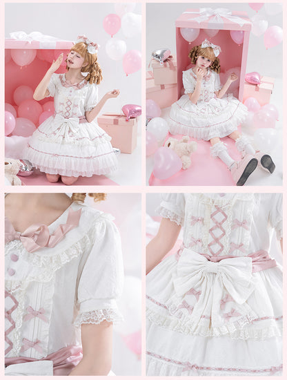 Hime Pink and Peter Pan Collar Tiered Skirt Balletcore Lolita Dress White OP