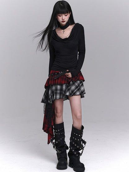 Red  Black Mesh Asymmetrical Plaid Skirt with PU Patchwork