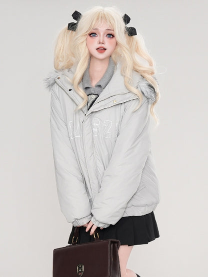 Grey/Apricot Letters Print Bunny Ears Hooded Thick Jacket Detachable Hood