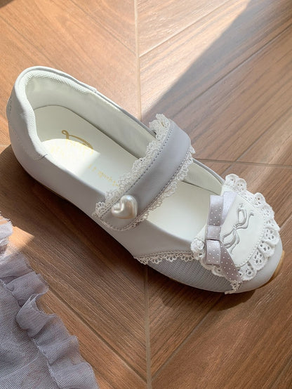 Sneakers Flat with Sweet Bow Lace Edging Gray Decorative Lolita - Velcro Fastening Style