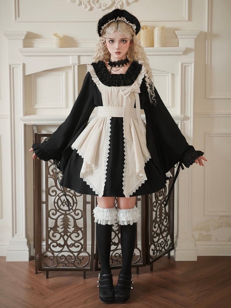 Dress Version Set Ruffle Neckline Short Lolita Long Full Maid Square Wa Black Sleeves