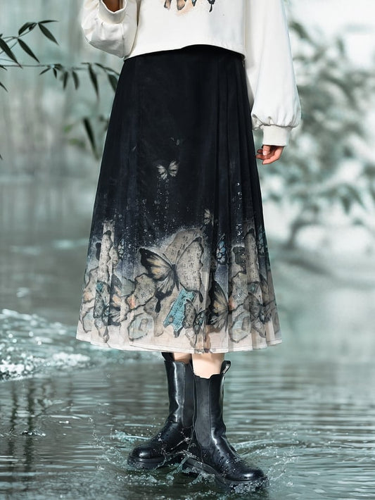 Butterfly Print Skirt Version Long/Short Cheongsam Horse-Face Pleated Style Black