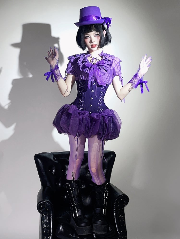 Gothic Lolita Ruffles Waist Purple Neckline with Elastic Layered Smocked Blouse