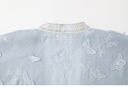 Sleeves Top Hem Butterfly Floral Embroidery Blue Tassels Design Long