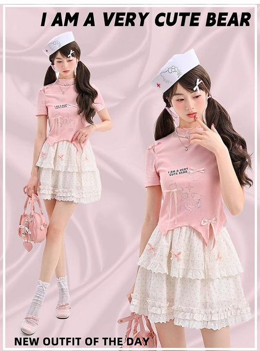 T-Shirt Hem Curved Pink Ruffle Neckline Teddy Bear Rhinestones Bowknot Accents