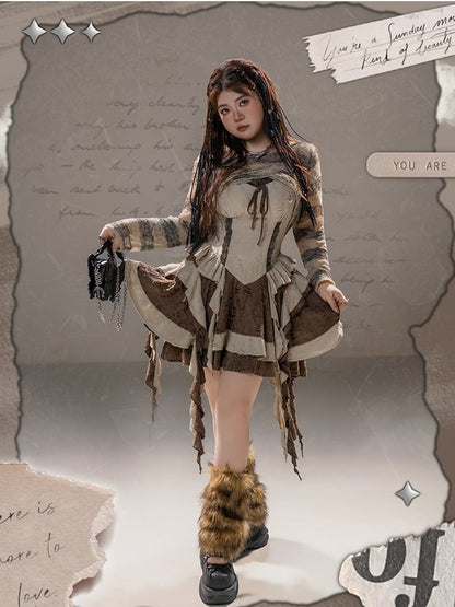 Plus Size Basque Waist Cascading Ruffles Distressed Wasteland Punk Brown Holes Cami Dress