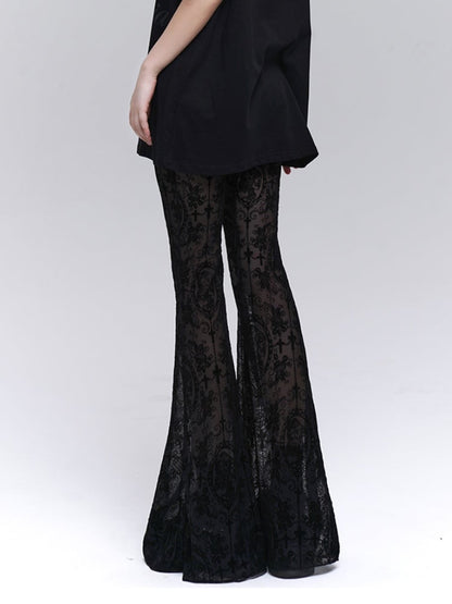 Gothic Black Lace Rosette Flared Pants