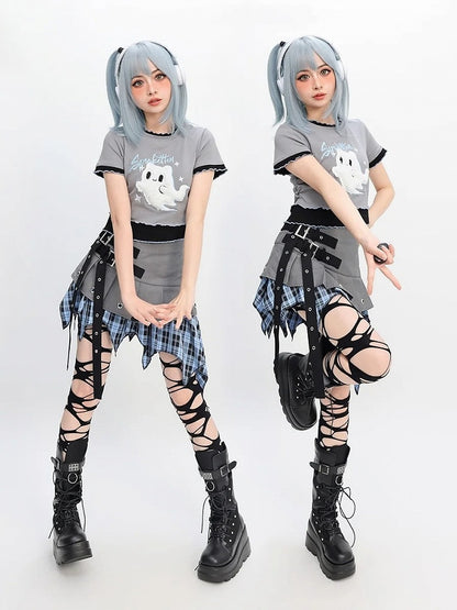 Two-pieces Y2K Faux Ghost Embroidery Lettuce Hem T-Shirt Gray Plush