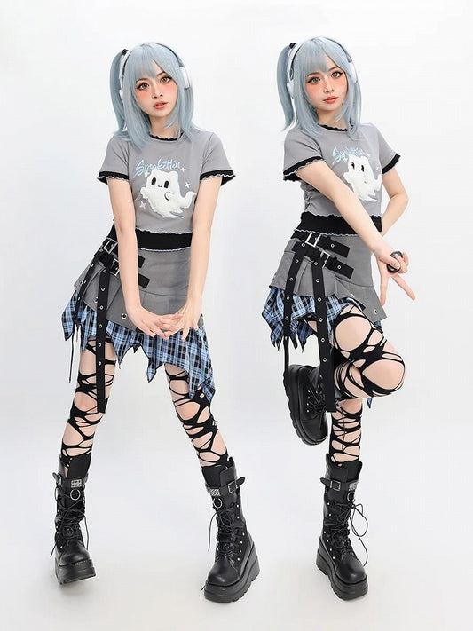 Two-pieces Y2K Faux Ghost Embroidery Lettuce Hem T-Shirt Gray Plush