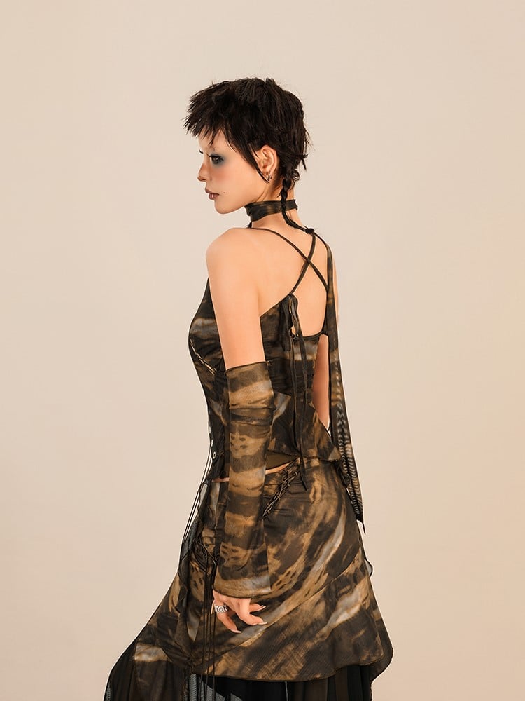 Crop Coffee Hem with Tank Fringe Matching Sleeve Tie-Dye