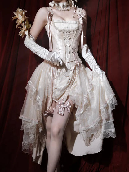 Champagne Lace-up Details Boned Corset Top + High-low Layered Lolita Skirt