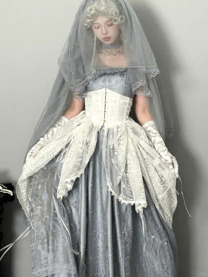 White Gothic Lolita Corset Belt with Drawstring Design Cathedral Embroidery Overlay