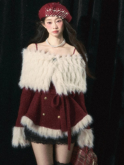 ChristmasRed/White Elegant Off-the-shoulder Neckline Coat Detachable Plush Shawl