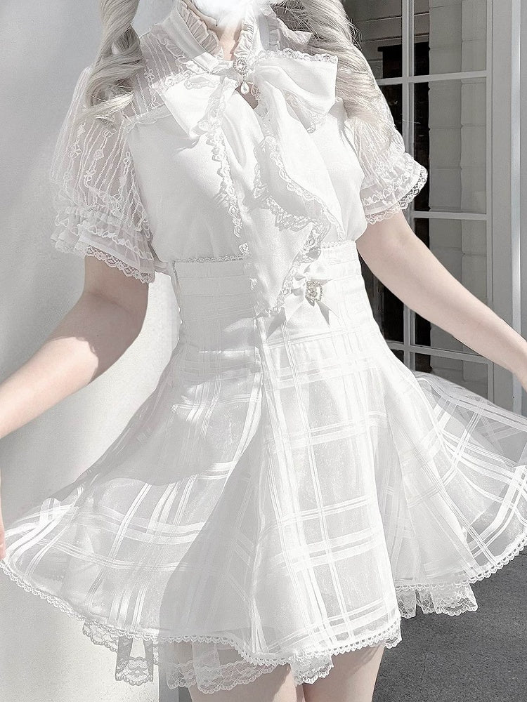 Back with Organza Plaid White Detail Kei Jirai Lace-up Skirt