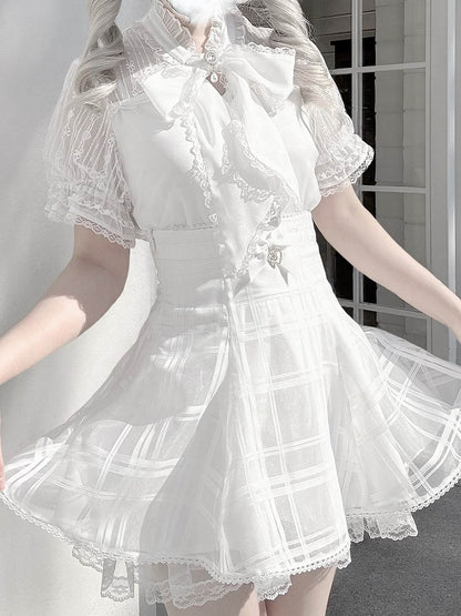 Back with Organza Plaid White Detail Kei Jirai Lace-up Skirt