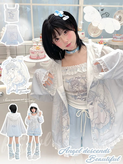 Sonnenschutz mit Kapuze, blau-weiß, Anime-Mädchen-Print, gekräuselter Saum, Jacke, Spitze