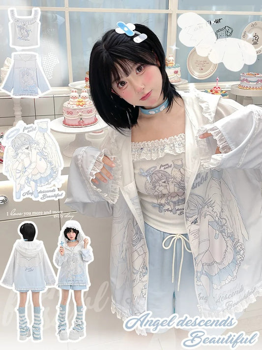 Sonnenschutz mit Kapuze, blau-weiß, Anime-Mädchen-Print, gekräuselter Saum, Jacke, Spitze