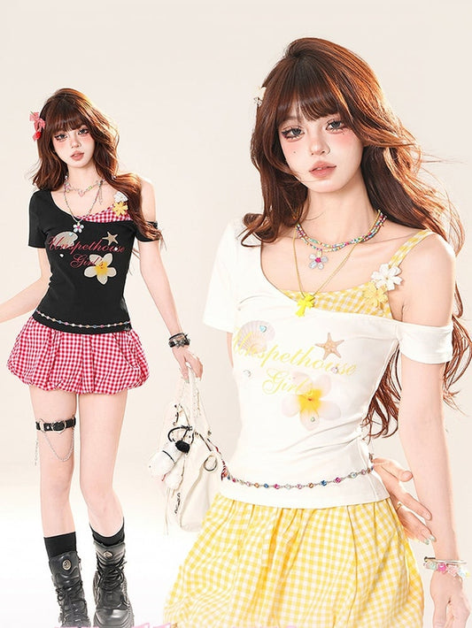 Faux Two-pieces T-Shirt Asymmetrical Neckline Floral Accents White/Black