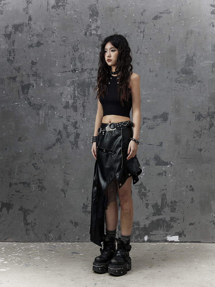 Asymmetrical Black Punk PU Skirt With Studded Belt  Lace Accents