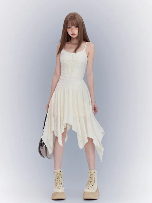 Apricot Asymmetrical Cami Dress Punk Waistline Cross Detail Handkerchief Hem Wasteland